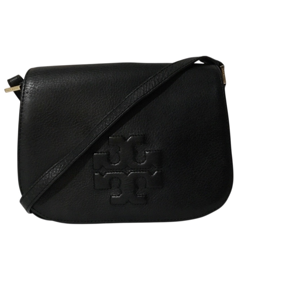 Authentic Tory Burch Black Embossed Logo Leather Crossbody